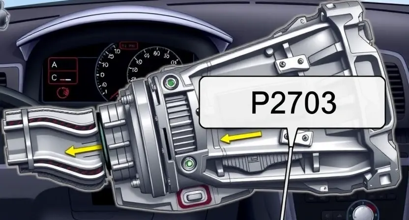 A detailed illustration of an automatic transmission with a highlighted P2703 error code displayed on a dashboard. The transmission should be depicted in a realistic, slightly angled view, showing gears and internal components. The error code should be clearly visible on a digital display, with accompanying warning symbols. The background should be a car interior, focusing on the dashboard area.