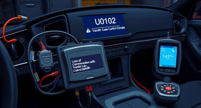 A modern car's transfer case control module with visible wiring harness and diagnostic error code U0102 displayed on a car dashboard screen, showing 'Loss of Communication with Transfer Case Control Module', set in a dimly lit garage with tools and a diagnostic scanner nearby, realistic automotive technical illustration style