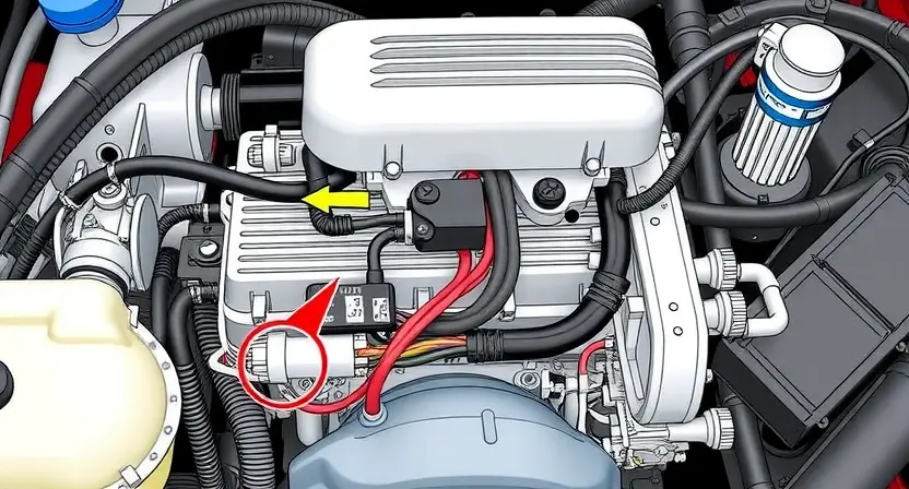 A detailed illustration of an engine bay with a focus on the fuel injector circuit of cylinder 11. Show the injector, wiring harness, and relevant sensors. Include visual cues indicating a potential problem, such as a slightly disconnected wire or a loose connection.