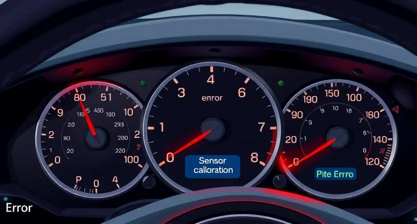 A detailed illustration of an automotive dashboard with a warning light illuminated, specifically the one indicating a sensor calibration error. The dashboard should show various gauges and indicators, with the error light prominently displayed. Focus on the technical aspects of the dashboard and the warning light's appearance.