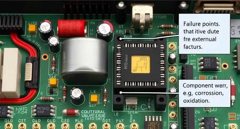A detailed illustration depicting a circuit board with a power supply chain. The image should show various components like capacitors, resistors, and integrated circuits. Highlight potential points of failure due to external factors (e.g., dust, heat) and component wear (e.g., corrosion, oxidation). Use visual cues to represent these issues.