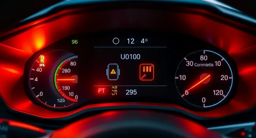 A modern car engine control unit (ECU) with warning lights illuminated on the dashboard, symbolizing a loss of communication error U0100, with subtle visual cues like disconnected wiring or error codes displayed on a digital screen, clean technical illustration, high detail, professional automotive diagnostic style