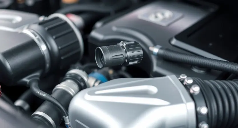 A close-up, detailed image of a car's engine bay. Focus on the mass airflow sensor (MAF sensor) and its surrounding components. The engine should appear clean and well-maintained. Use bright, even lighting to highlight the sensor's details.