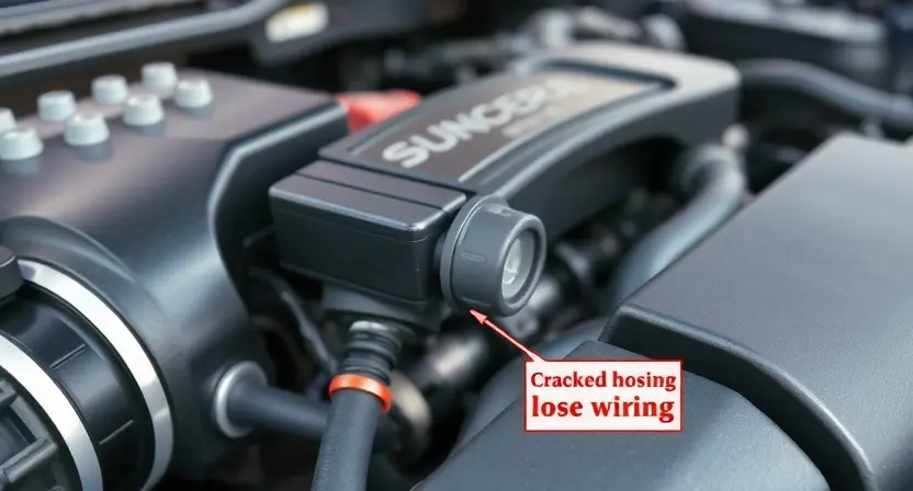 A close-up, detailed illustration of a car engine bay. Focus on the engine sensor area, highlighting a faulty sensor with visual indicators of malfunction (e.g., a cracked housing, loose wiring). The background should be slightly blurred to emphasize the engine components. The overall lighting should be bright and clean, suitable for diagnostic inspection.