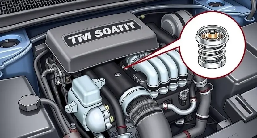 A detailed illustration of a car engine with a focus on the cooling system, highlighting the thermostat and coolant level sensor. The image should depict the engine in a state where the coolant level is low, with visual indicators such as a low coolant warning light on the dashboard. The thermostat should be shown in a position that suggests it is not functioning correctly, contributing to the error code P0126.