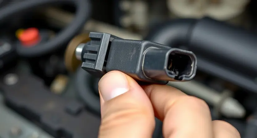 A close-up, detailed image of a Mass Air Flow (MAF) sensor being inspected. The sensor should be clearly visible, showing its electrical connector and any potential signs of dirt or damage. A mechanic's hand could be subtly included, gently touching the sensor or connector for scale and context. The background should be a blurred automotive repair shop environment.
