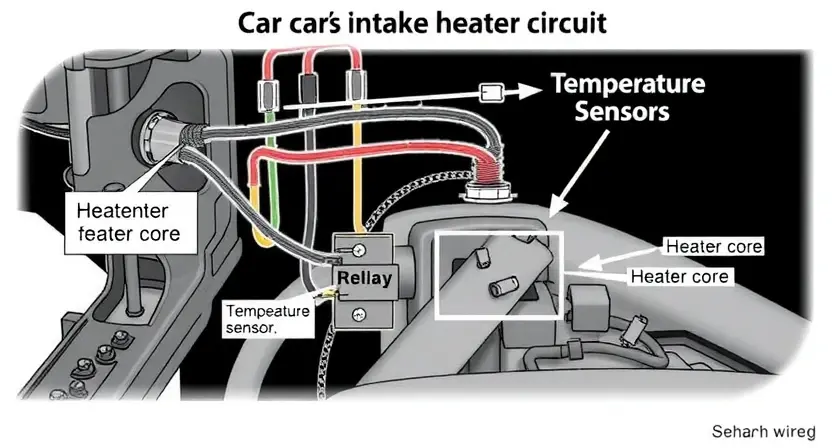 A detailed illustration of a car's intake heater circuit, showing the wiring, heater core, and temperature sensor. The circuit should be clearly labeled with components like the heater core, relay, and temperature sensor. Focus on the technical aspects of the system.