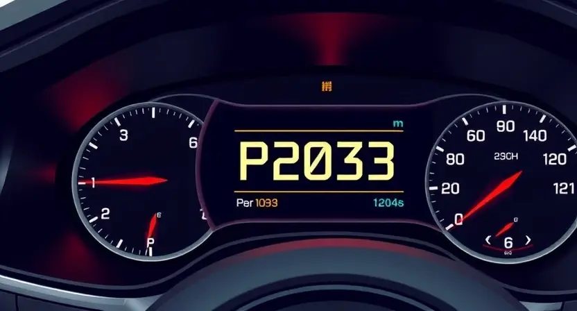 A high-quality technical illustration showing a car engine control unit with a warning light on the dashboard, displaying a stylized P2003 error code, clean modern design, no text or numbers on the image, professional automotive theme