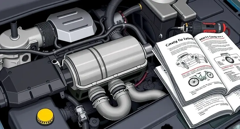 A detailed illustration of a car's engine bay, focusing on the catalytic converter and exhaust system. The catalytic converter should be clearly visible, with exhaust pipes leading away from it. Include diagnostic tools and a repair manual open on a nearby surface. The overall scene should convey a sense of automotive repair and troubleshooting.