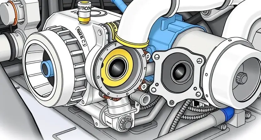 A detailed illustration of a turbocharger system with a focus on the wastegate solenoid. The image should clearly show the solenoid, its connection to the turbocharger, and the flow of air/exhaust gases. Include visual cues indicating the solenoid's role in regulating boost pressure.