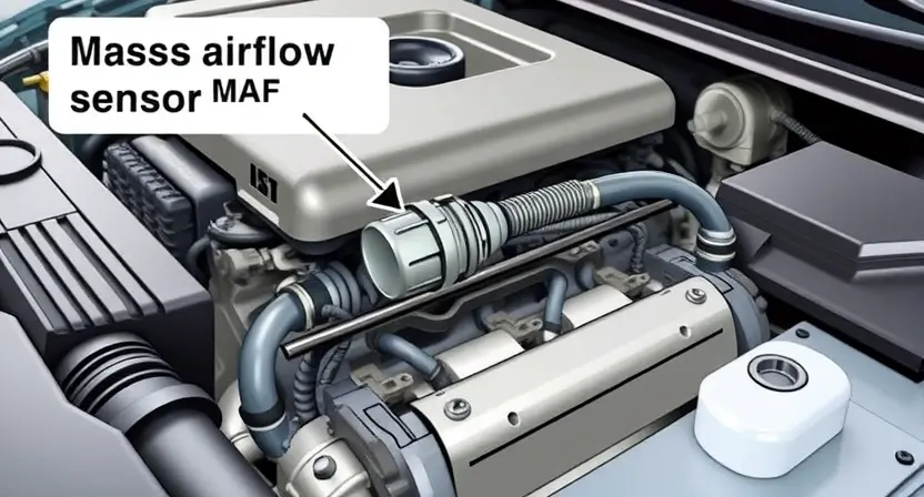 A detailed illustration of a car engine with a focus on the mass airflow sensor (MAF sensor). The sensor should be clearly visible, with arrows pointing to the air intake and the engine control unit (ECU). The background should show a clean, organized engine bay. The overall image should convey technical accuracy and clarity.