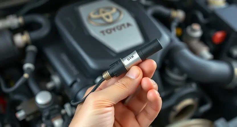 A close-up, detailed image of a Toyota vehicle's engine bay, specifically highlighting the oxygen sensor. The sensor should be clearly visible, with surrounding engine components in focus but slightly blurred to emphasize the sensor. Include a mechanic's hand gently holding a replacement oxygen sensor, ready for installation. The overall lighting should be bright and professional, showcasing the components' details.