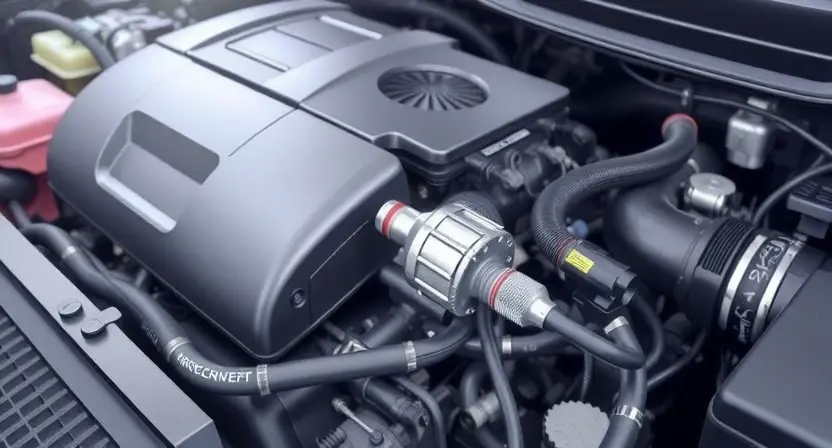 A detailed illustration of a car's engine bay, highlighting the oxygen sensor and related components. Focus on the sensor's location and connection to the engine. The background should be slightly blurred to emphasize the engine details.