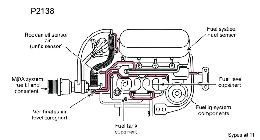 A detailed diagram illustrating the P2138 error in a car engine. The diagram should show the relevant sensors (e.g., EVAP system components, fuel tank level sensor), the flow of air and fuel, and the potential points of failure that can trigger this error. Use clear arrows and labels to indicate the system's components and their connections. The overall aesthetic should be clean and informative, suitable for a technical manual. Focus on visual representation of the system, not specific car model