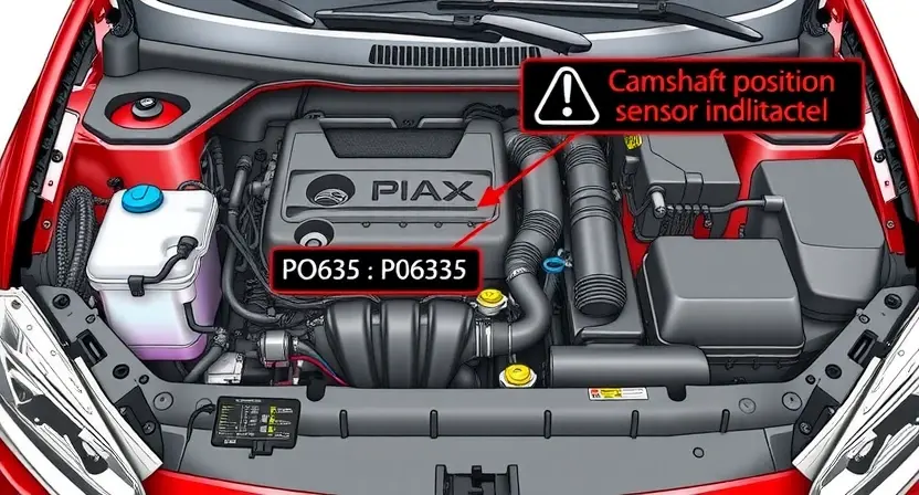 A detailed illustration of a car's engine bay, highlighting the location of the P0635 error code indicator light on the dashboard. Include visual cues representing potential causes of the error, such as a faulty camshaft position sensor or a problem with the engine control unit (ECU).