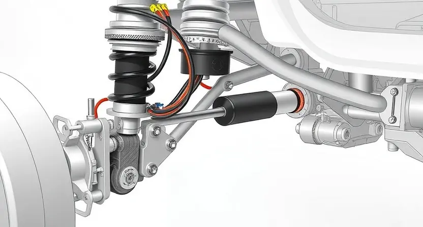 A detailed, high-quality illustration of a car's suspension system, specifically highlighting the adaptive shock absorber and its associated wiring harness. The image should clearly show the components of the shock absorber and the connections to the car's chassis and other suspension parts. Focus on the electrical connections and the internal structure of the shock absorber.
