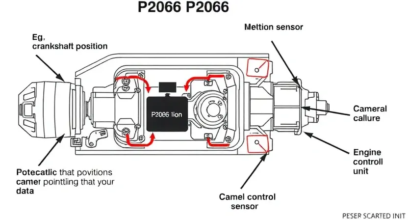 A detailed diagram illustrating the P2066 error in a vehicle's engine system. The diagram should show the relevant components (e.g., crankshaft position sensor, camshaft position sensor, engine control unit) and the potential points of failure that could trigger the error. Use clear arrows to indicate the flow of data and potential malfunctions. Focus on a clean, technical representation of the system.
