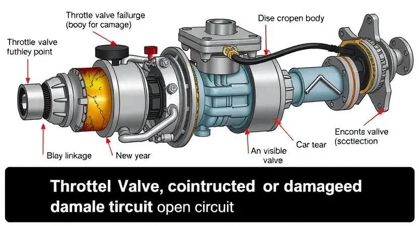 A detailed illustration of a throttle valve assembly, highlighting the potential points of mechanical failure. Include close-ups of the valve body, linkage, and any visible wear and tear. The image should depict a scenario where the throttle valve is disconnected or damaged, leading to an open circuit.