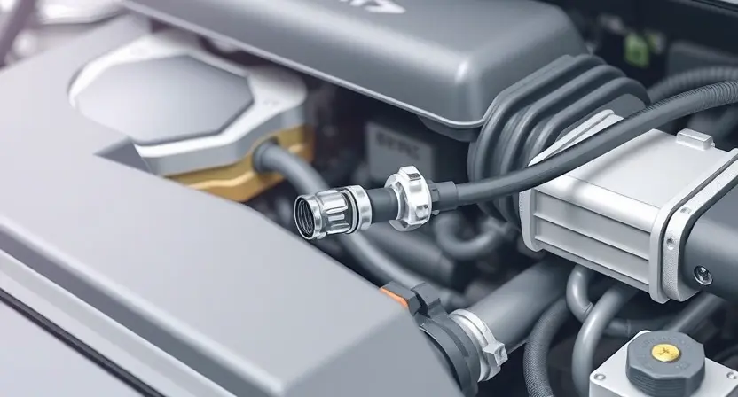 A detailed illustration of an automotive engine bay, focusing on the oxygen sensor and its wiring. The oxygen sensor should be clearly visible, connected to the engine control unit (ECU) with wires. The background should be slightly blurred to emphasize the sensor.