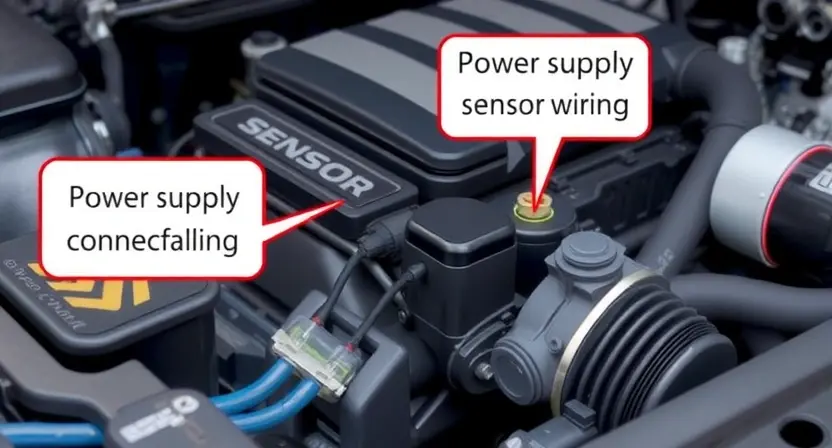 A detailed illustration of a car's engine bay, focusing on the sensor wiring and power supply components. Highlight a potential power supply issue with a visual representation of a failing connection or a damaged wire. The background should be slightly blurred to emphasize the engine components.