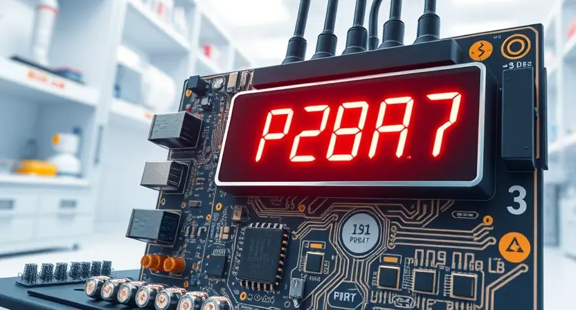 A detailed illustration depicting a circuit board with a highlighted error code 'P2BA7' displayed on a digital readout. The background should be a clean, professional laboratory setting.
