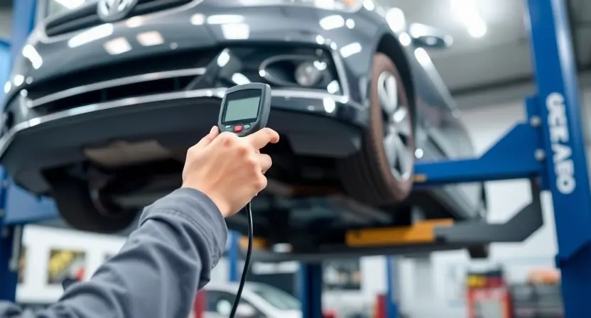 A mechanic is using a diagnostic scanner to check the computer system of a car. The car is lifted on a hydraulic lift, revealing the engine compartment. Focus on the mechanic's hands interacting with the scanner and the car's dashboard. The background shows a well-lit auto repair shop with tools and equipment.
