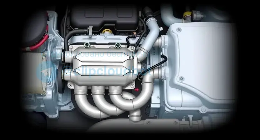 A detailed illustration of a car's engine bay, focusing on the catalytic converter and related components. The image should clearly show the catalytic converter, oxygen sensors, and exhaust pipes. The background should be slightly blurred to emphasize the engine components.