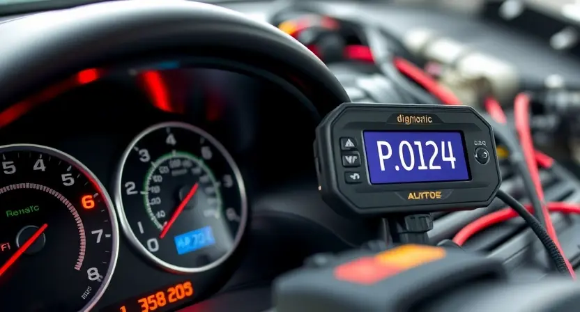 A close-up of a car's dashboard with a glowing check engine light and a diagnostic code reader displaying 'P0124' on its screen, surrounded by wires and engine components in the background, realistic automotive repair setting, soft natural lighting, high detail