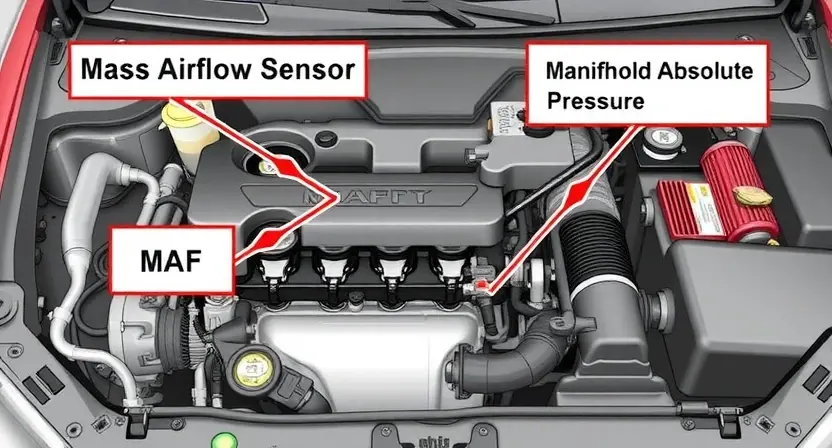 A detailed illustration of a car's engine bay, highlighting the Mass Airflow Sensor (MAF) and Manifold Absolute Pressure (MAP) sensor. Arrows should point to each sensor, with labels clearly indicating their names. The image should also show the intake manifold and air filter box in the background. Focus on the sensors' physical appearance and their location within the engine compartment.