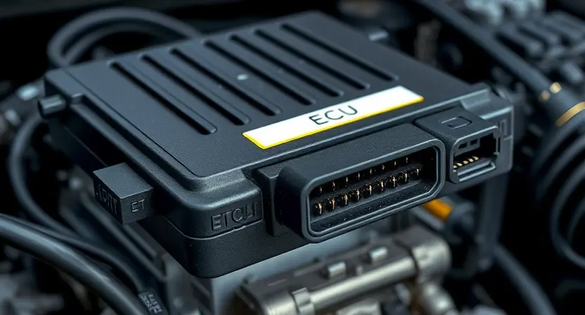 A close-up, detailed illustration of an engine control unit (ECU) with diagnostic connectors highlighted. Wires and sensors are subtly visible in the background. The overall composition should convey technical precision and clarity. Focus on the physical components of the ECU and the diagnostic port.