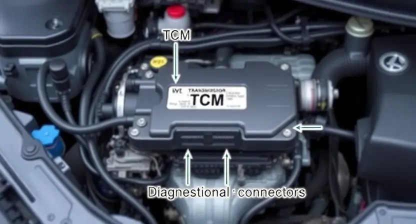 A detailed illustration of a car's engine bay, focusing on the transmission control module (TCM) and related wiring. The TCM should be clearly visible, with associated sensors and diagnostic connectors highlighted. The background should be slightly blurred to emphasize the TCM.