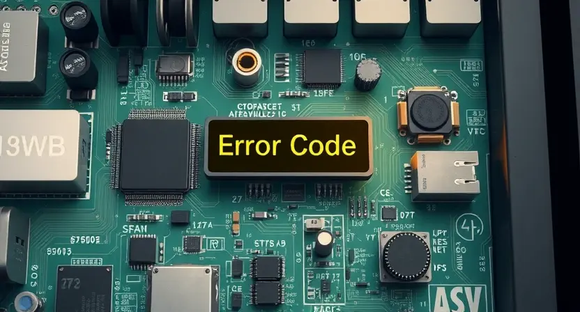 A detailed illustration of a circuit board with various electronic components, highlighting a specific error code indicator. The components should be realistically rendered, and the error code indicator should be clearly visible and well-lit.