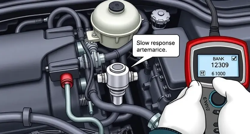 A detailed illustration of an automotive engine bay, focusing on the oxygen sensor Bank 1, Sensor 2. The sensor should be clearly visible, with wiring and connections highlighted. Include visual cues representing a slow response, such as a slightly sluggish or delayed reading on a nearby diagnostic tool display. The overall scene should depict a technical inspection or diagnostic process.