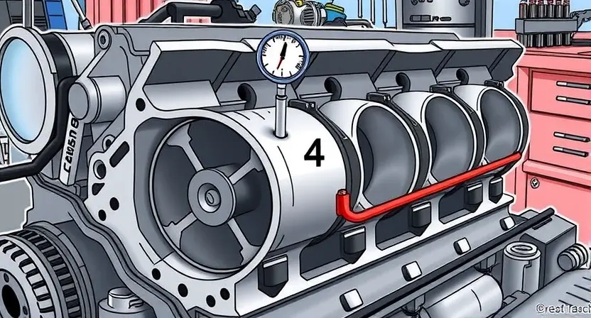 A detailed illustration of an engine block, highlighting cylinder #4. The cylinder head should be visible, with a visual representation of the piston and connecting rod. A small, stylized gauge or indicator showing a low or fluctuating pressure reading near cylinder #4 would be included. The engine should be depicted in a workshop setting, with tools and diagnostic equipment subtly in the background. Focus on conveying the concept of imbalance and its potential impact on engine performance.