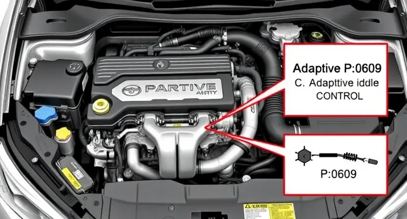 A detailed illustration of a car's engine bay with various components clearly visible, focusing on the area related to the adaptive idle control system. Include diagrams showing the connections and sensors involved in the P0609 error code. The image should be informative and visually appealing, suitable for a technical guide.