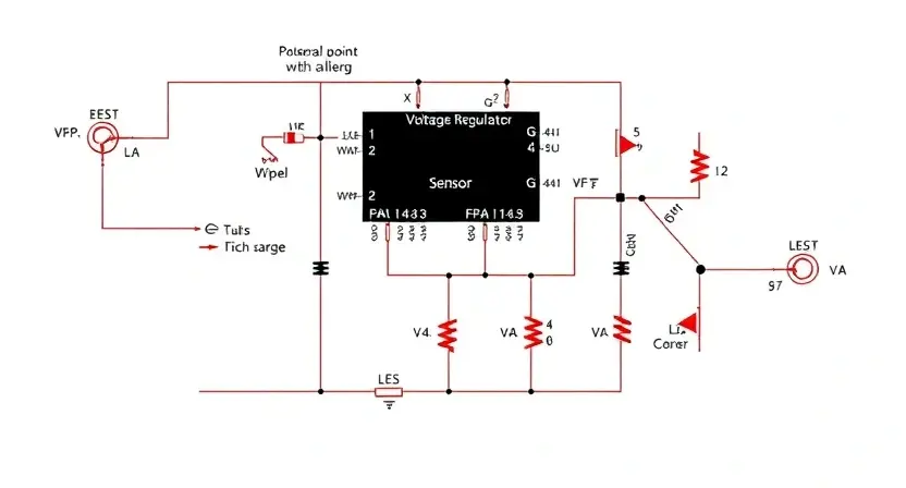 A detailed schematic diagram of a sensor circuit, highlighting the voltage regulator and potential points of failure. Include visual representations of the sensor and its connection to the control unit. Focus on clarity and precision in depicting electrical components and connections.