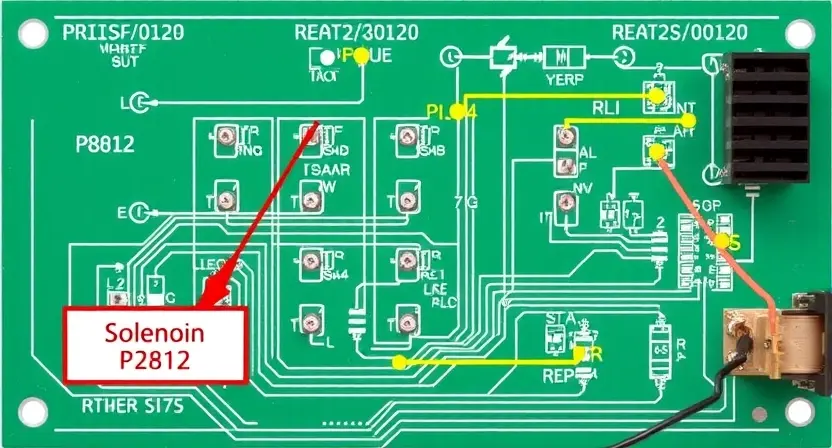 A detailed schematic diagram of an electrical circuit board, highlighting a solenoid and a potential error point (P2812). The diagram should be clean, professional, and easy to understand. Include labels for components like solenoid, connector, and wiring.