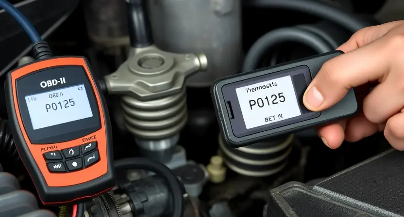 A close-up of a car's engine bay with a diagnostic scanner connected to the OBD-II port, displaying the error code P0125 on its screen; steam rising slightly from the coolant reservoir, a thermostat housing visible with signs of wear, and a mechanic's hand holding a wrench nearby — all in realistic, high-detail automotive photography style