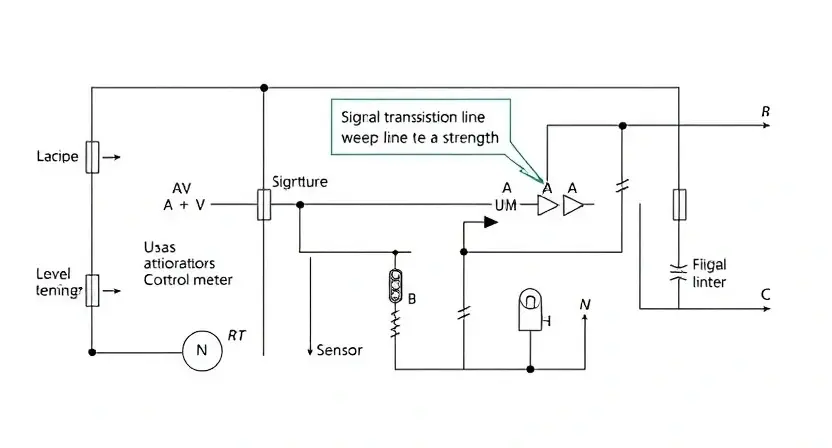 A detailed schematic diagram of an electrical control circuit, highlighting a signal transmission line with a visual representation of weak signal strength (e.g., a faded line or a signal meter indicating low levels). Include components like sensors, actuators, and a control unit.