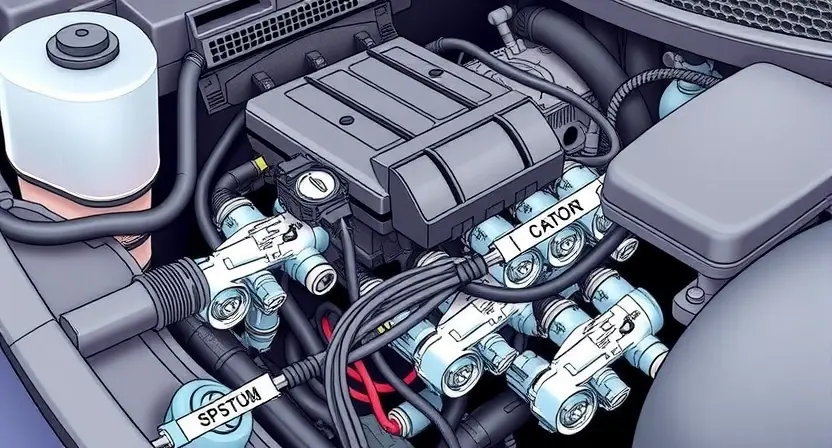 A close-up, detailed illustration of a car's engine bay, specifically highlighting the fuel injector control module and its wiring harness. The focus should be on the connections and components related to the fuel injectors. The engine should be clean and well-lit, showcasing the complexity of the system.
