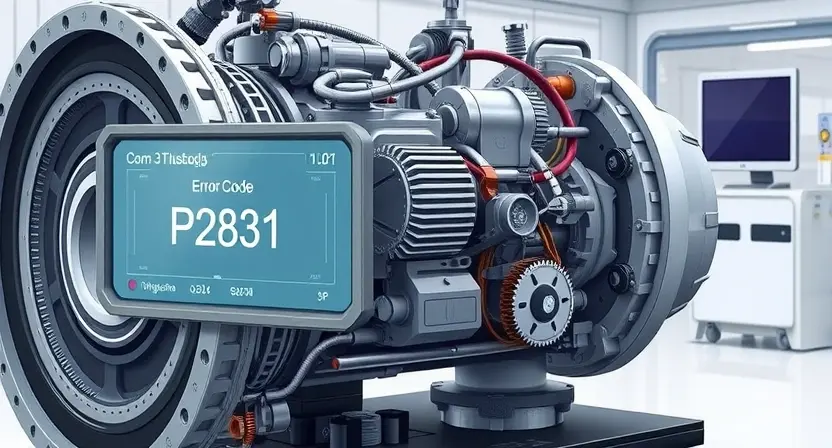 A detailed illustration of a robotic transmission box with a highlighted error code P2831 displayed on a diagnostic screen. The transmission box should be complex and realistically rendered, showcasing gears, actuators, and sensors. The diagnostic screen should clearly show the error code and relevant data. The background should be a clean, technical environment.
