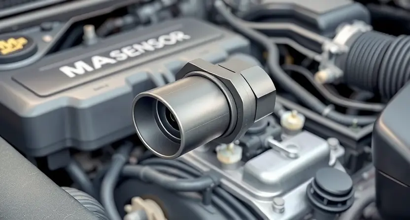 A close-up, detailed illustration of a car's engine bay with a focus on the mass airflow sensor (MAF sensor). The sensor should be clearly visible, with surrounding engine components subtly in focus. The overall lighting should be bright and clean, highlighting the sensor's details.