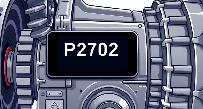 A detailed illustration of an automotive transmission displaying a P2702 error code. The image should focus on the transmission components, highlighting the error code displayed on a diagnostic screen. Include visual cues representing the cause of the error, such as a damaged gear or a problem with the transmission fluid.