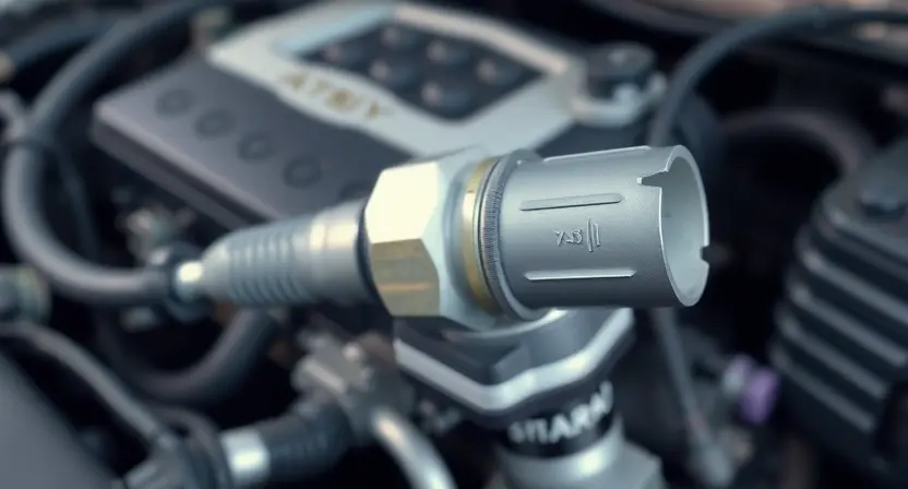A close-up, detailed illustration of an engine's oxygen sensor. The sensor should be clearly visible, with wiring connected to it. The background should be a slightly blurred view of the engine bay, suggesting a car engine. Focus on the sensor's components and connections.