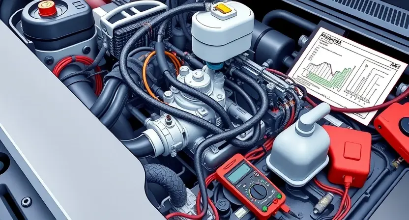 A detailed illustration of an automotive engine bay with a focus on the fuel injector and related wiring. The engine should be partially disassembled, showcasing the injector and its connection to the fuel lines and electrical components. Include diagnostic tools like a multimeter and a wiring diagram in the background. The overall lighting should be bright and informative, highlighting the technical details.