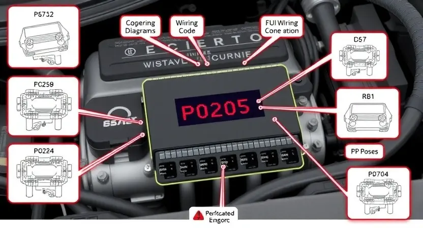A detailed illustration of an automotive engine control unit (ECU) with wiring diagrams and diagnostic tools surrounding it. Focus on the P0205 error code indicator on a dashboard.