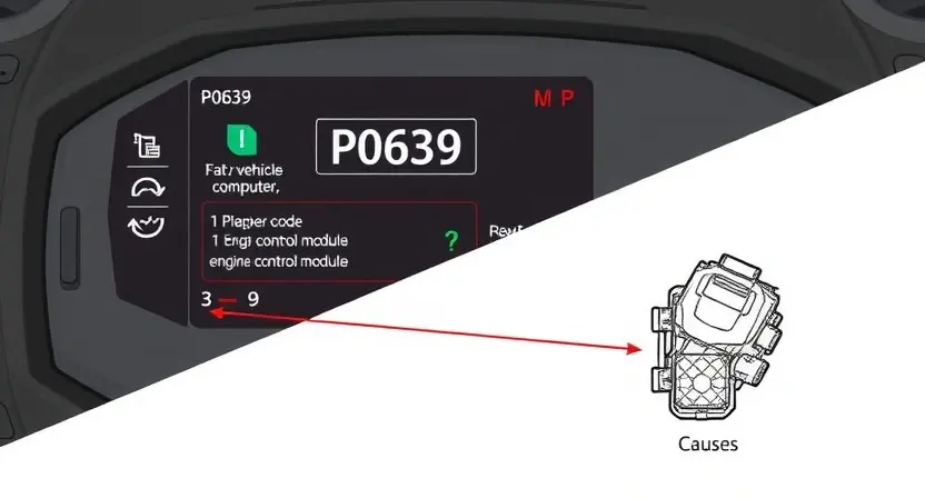 A detailed illustration of a car's diagnostic interface displaying the P0639 error code. The interface should show the code prominently, along with related information like the vehicle's computer and potential causes. Include visual cues representing the affected system (e.g., engine control module).