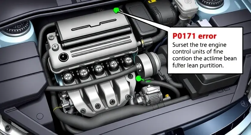 A detailed illustration of a car's engine bay, highlighting the fuel system components (fuel injectors, fuel pump, fuel lines) and the engine control unit (ECU). Focus on visual cues related to a P0171 error, such as a potential lean condition.