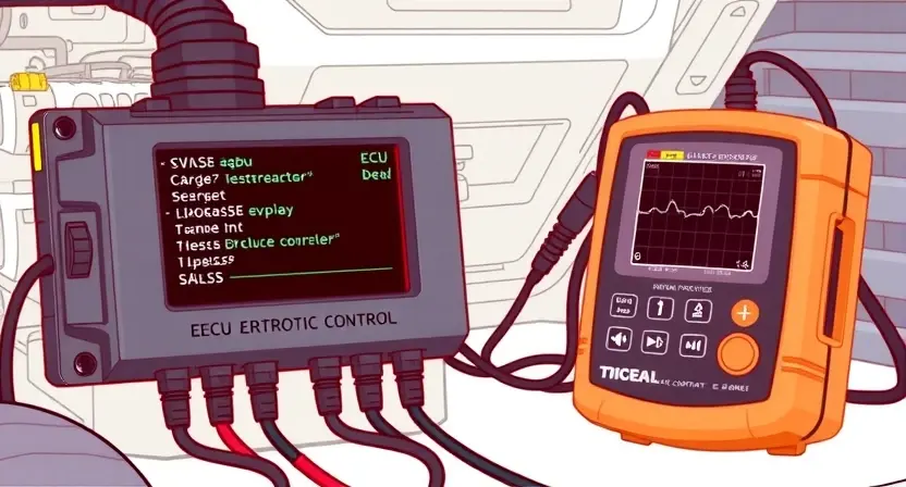 A detailed illustration of an automotive engine control unit (ECU) with diagnostic tools connected. Focus on the ECU's display showing error codes, and a multimeter or oscilloscope displaying data. The background should be a clean, technical environment.