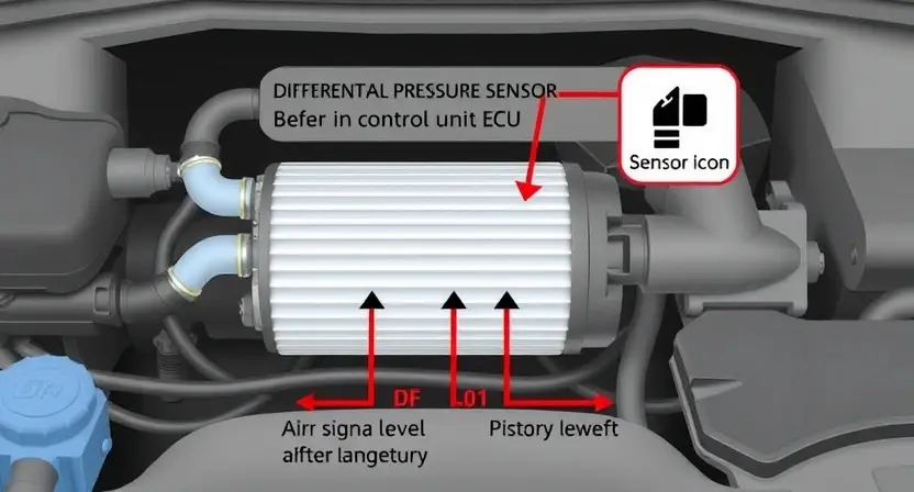 A detailed illustration of a diesel particulate filter (DPF) system in a vehicle. The focus should be on the differential pressure sensor, highlighting its position within the DPF housing and its connection to the engine control unit (ECU). Show the airflow path through the DPF, indicating the difference in pressure before and after the filter. Use clear visual cues to represent low signal levels, such as a dimmed or faded sensor icon. The overall image should be clean and informative, suitable